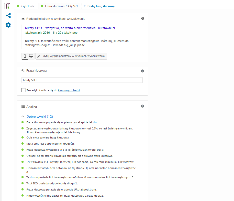 Optymalizacja tekstu SEO z wtyczką Yoast SEO - screen z analizy przeprowadzonej przez Yoast