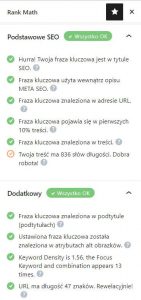 Optymalizacja tekstu pod SEO za pomocą wtyczki RankMath - screen