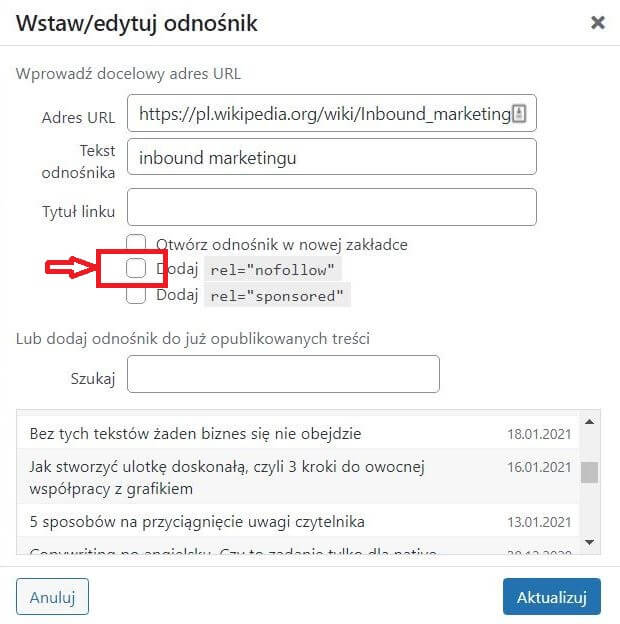 jak pisać pod SEO - screen pokazujący, jak ustawić linki nofollow