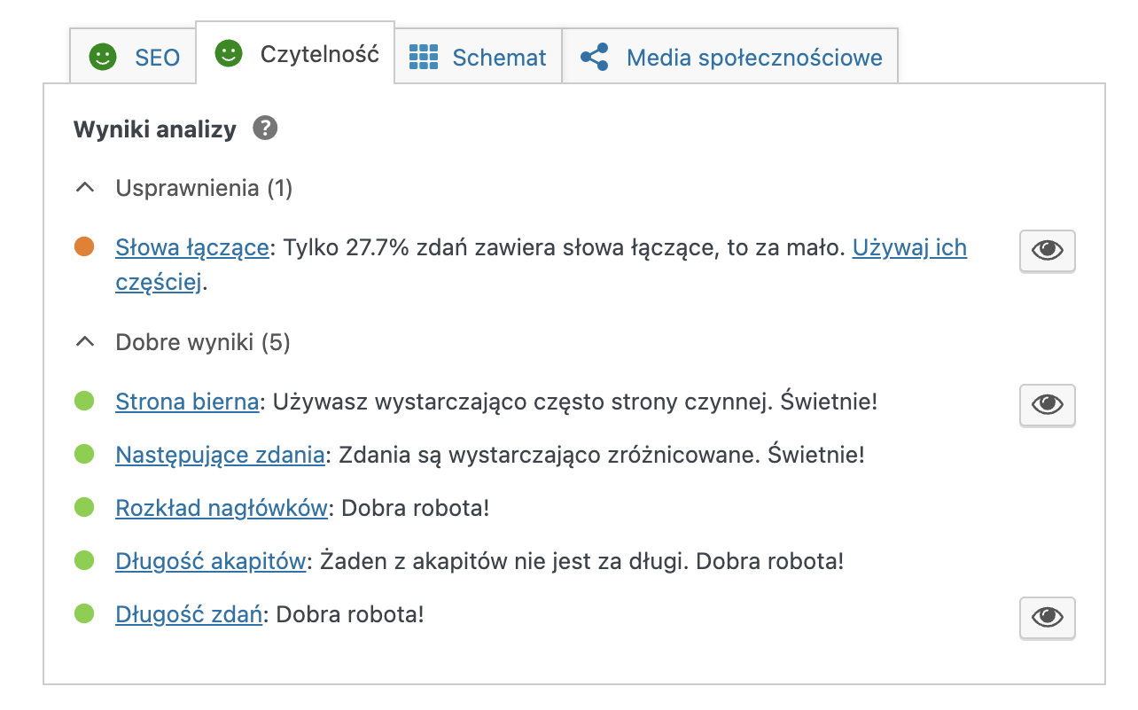 SEO copywriting to też czytelność tekstu. Na grafice widać wynik testu czytelności jednego z tekstów na blogu Tekstowni.pl