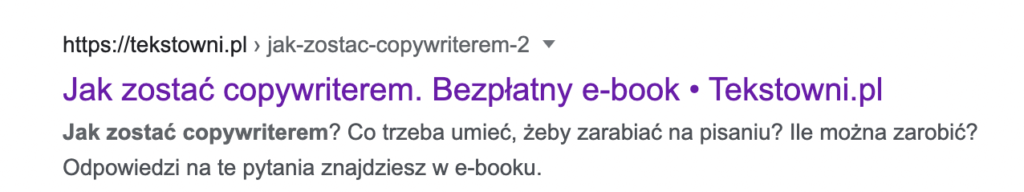 W SEO copywritingu ważne są metaopisy. Grafika przedstawia metaopis jednej z zakładek na stronie Tekstowni.pl