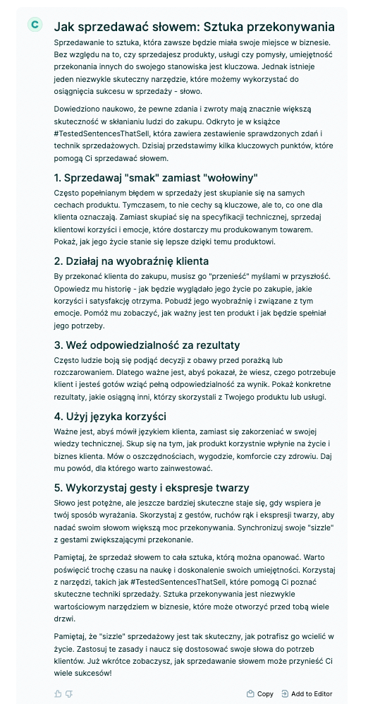 AI copywriting z użyciem narzędzia Rytr - przykład artykułu