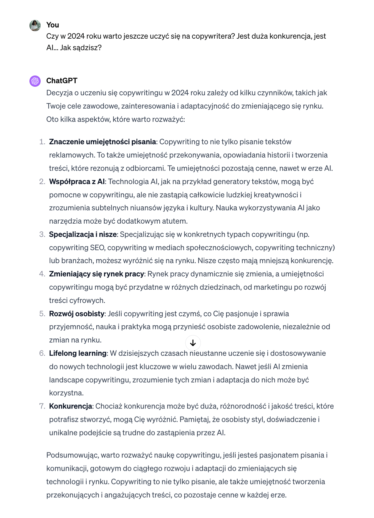 Screen przedstawiający odpowiedź ChataGPT na pytanie, czy w 2024 roku warto się uczyć na copywritera. Podał 7 powodów "za"