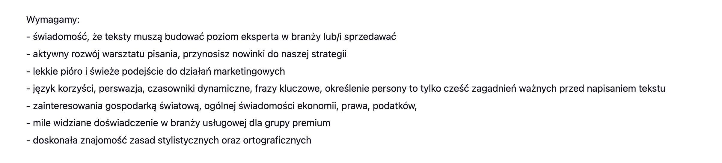 Ogłoszenie o pracy dla copywritera - sceen z Careerjet.pl. Firma szuka świadomego copywritera, który rozwija swój warsztat