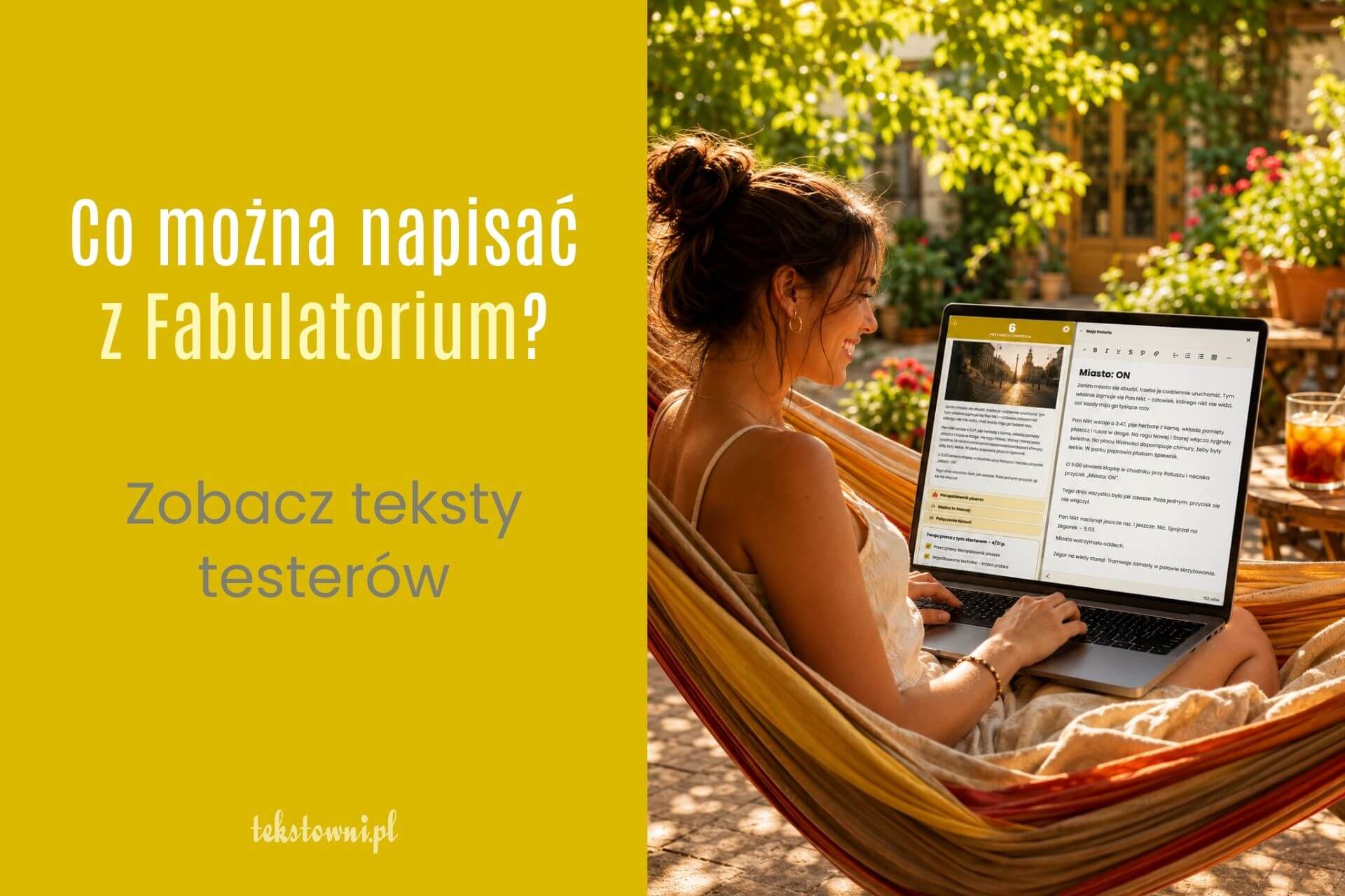 Grafika z tytułem posta. Obok zdjęcie młodej kobiety z laptopem na kolanach. Kobieta pisze opowiadanie z Fabulatorium – na ekranie widać jeden ze starterów Fabulatorium oraz edytor tekstowy